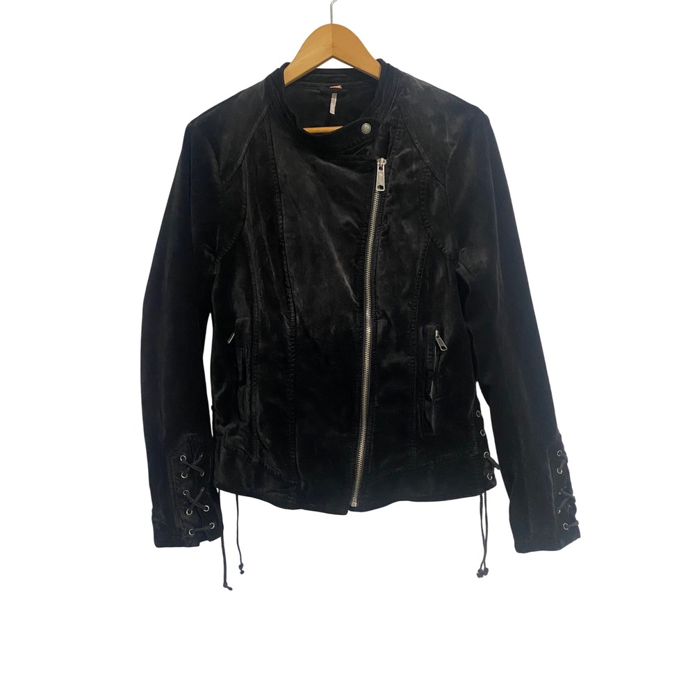 Free People Moto Jacket Womens Large Black Velvet Lace Up Goth Boho Chic